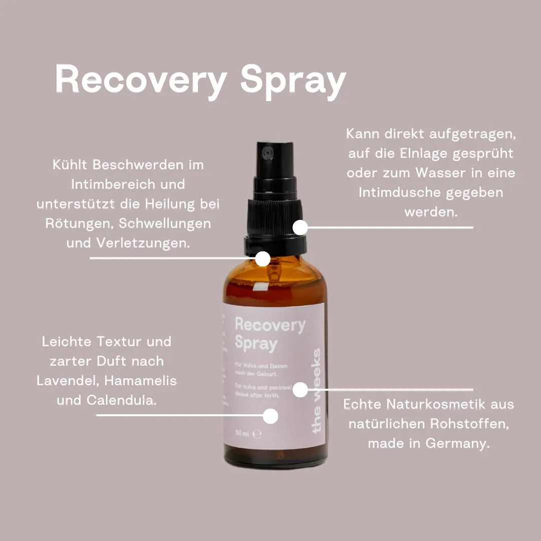 Recovery Spray von the weeks mit Eigenschaften: kühlt Verletzungen im Intimbereich, leichte Textur und zarter Duft, echte Naturskosmetik