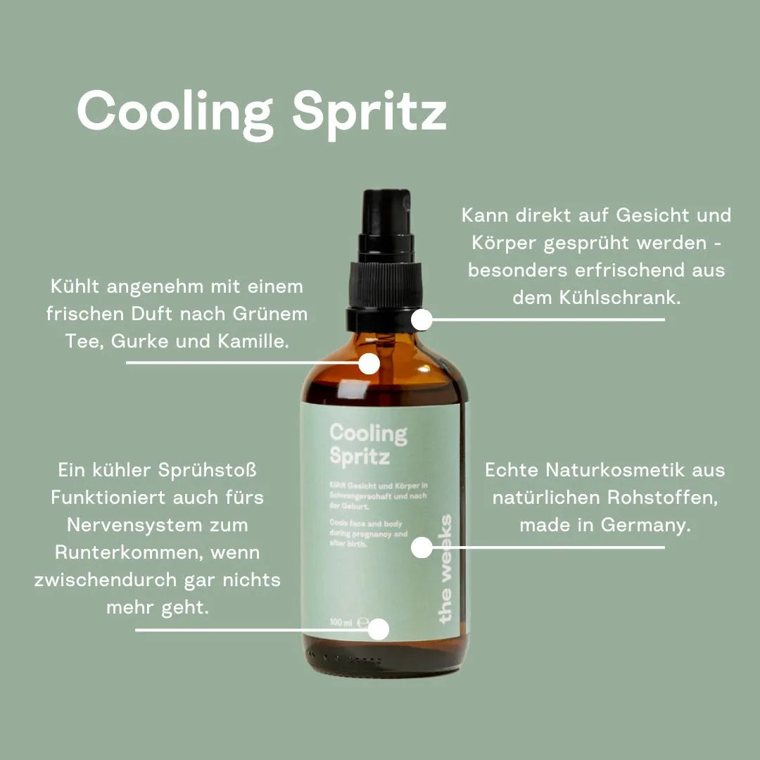 Fasche des Cooling Spritz mit aufgelisteten Eigenschaften: Kühlt, duftete nach grünem Tee, kann dirket auf Gesicht und Körper gesprüht werden, echte Naturkosmetik