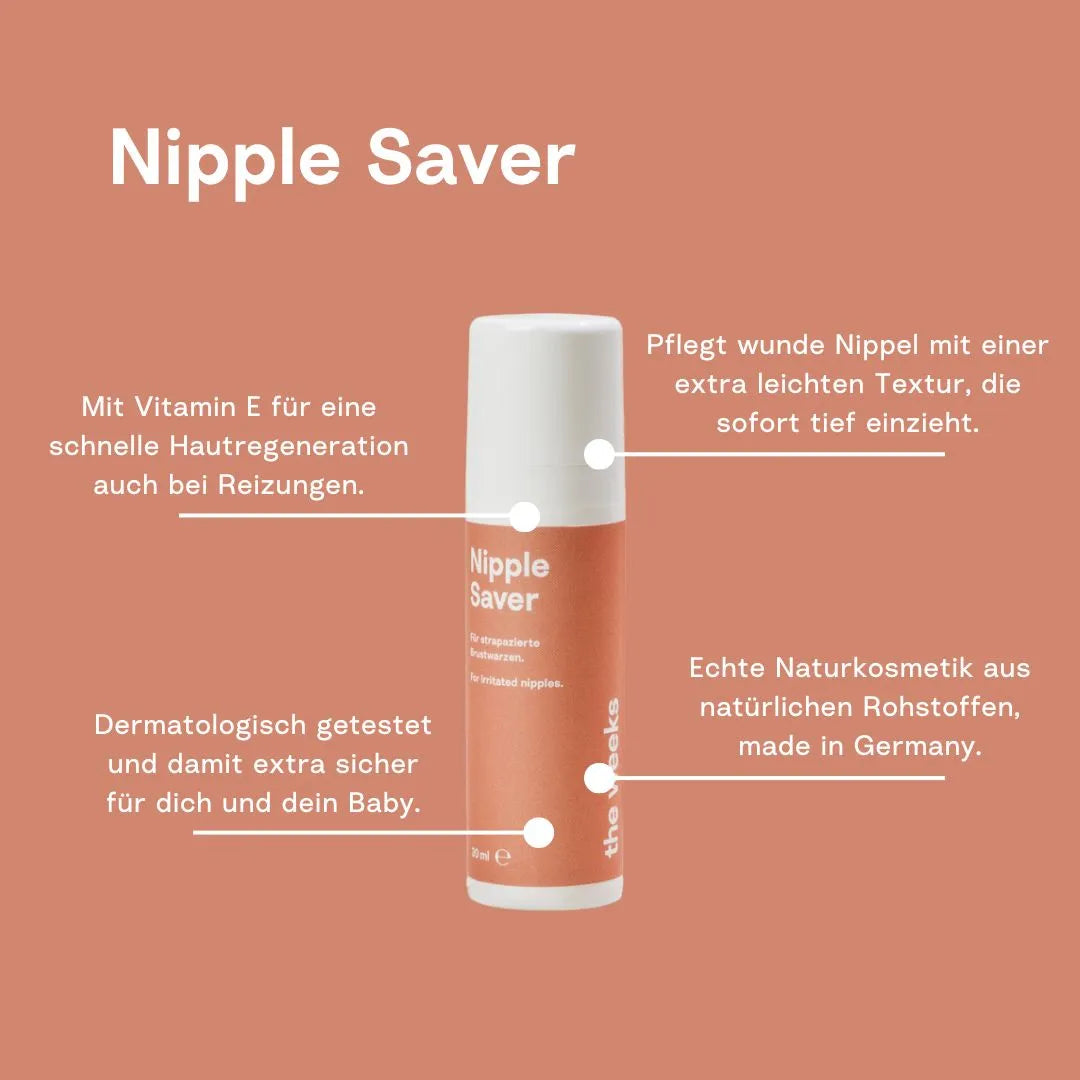 Nippel Saver von the weeks mit Eigenschaften: mit Vitemin E, pflegt wunde Brustwarzem, dermatoloisch getestet, echte Naturskosmetik