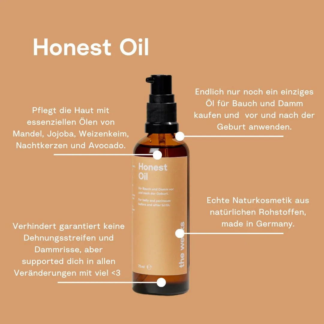 Honest Oil von the weeks mit Eigenschaften: pflegt die Haut mit esseziellen Ölen, kann für Bauch und Damm verwendet werden, echte Naturskosmetik