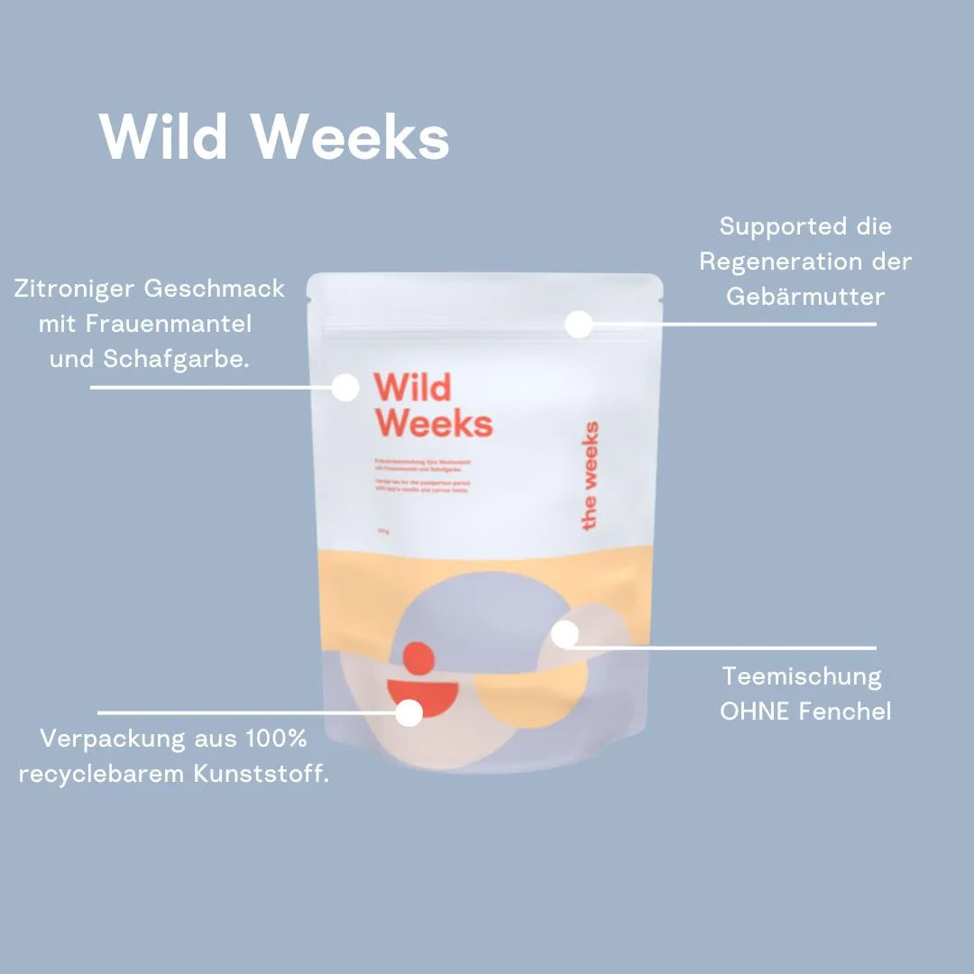 Wochenbetttee Wild Weeks von the weeks mit Eigenschaften: ohne Fenchel, hilft bei der Regeneration, zitroniger Geschmack